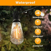 Waterproof outdoor light bulb with raindrops on a string, surrounded by nature.